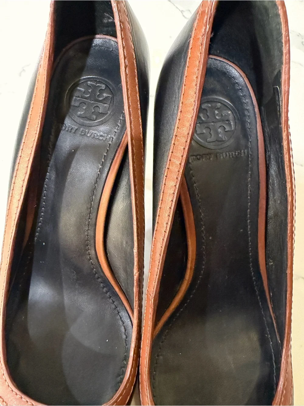 Tory Burch Black & Brown Pointed Toe Logo Pumps